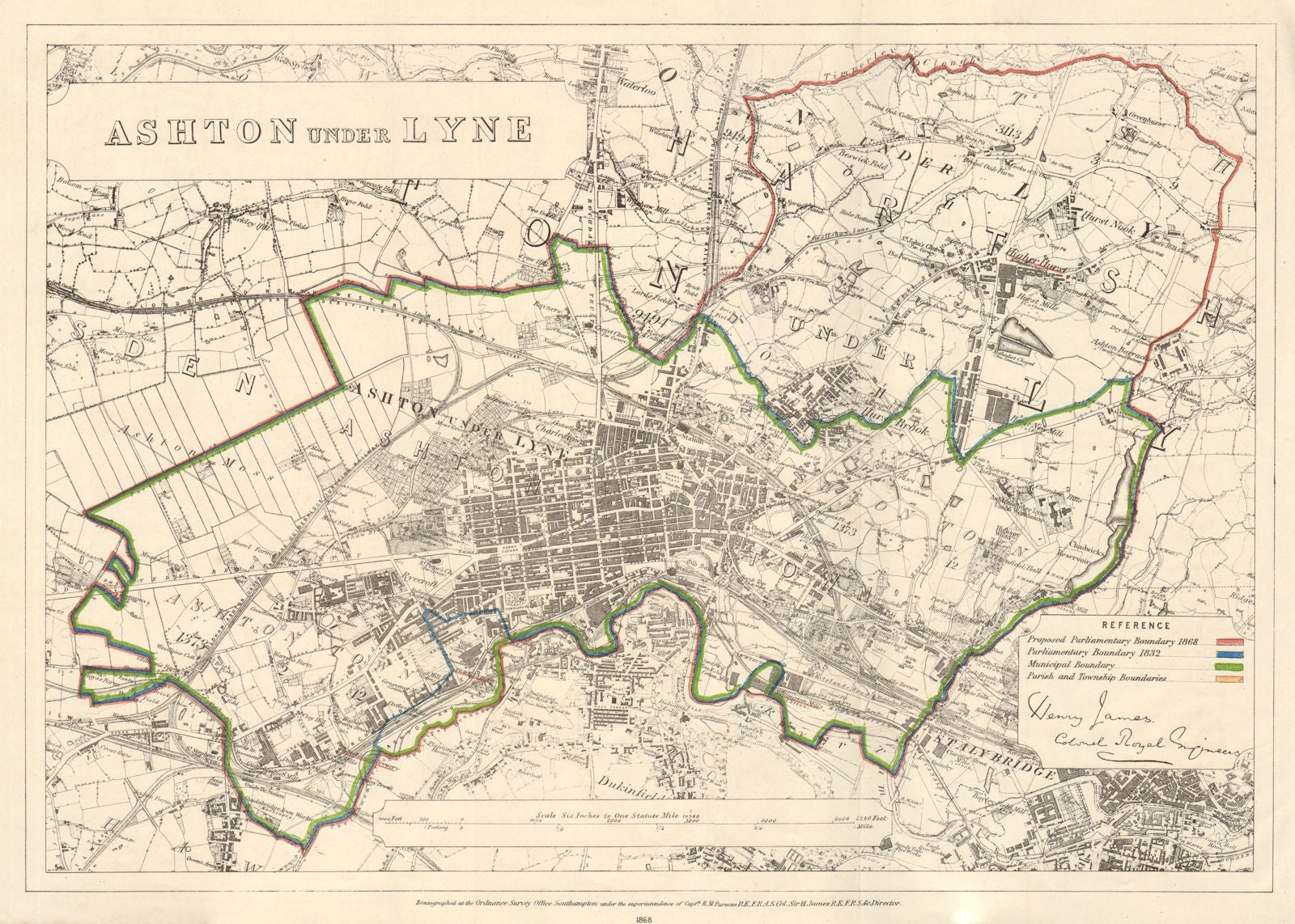 Ashton under Lyne. JAMES. PARLIAMENTARY BOUNDARY COMMISSION 1868 old map
